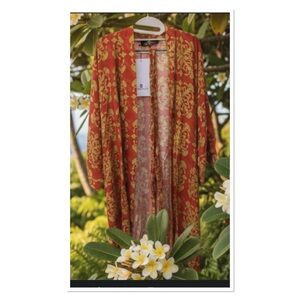New Lexbreezy red gold kimono midi cover up Puakenikeni quilt flower size XL